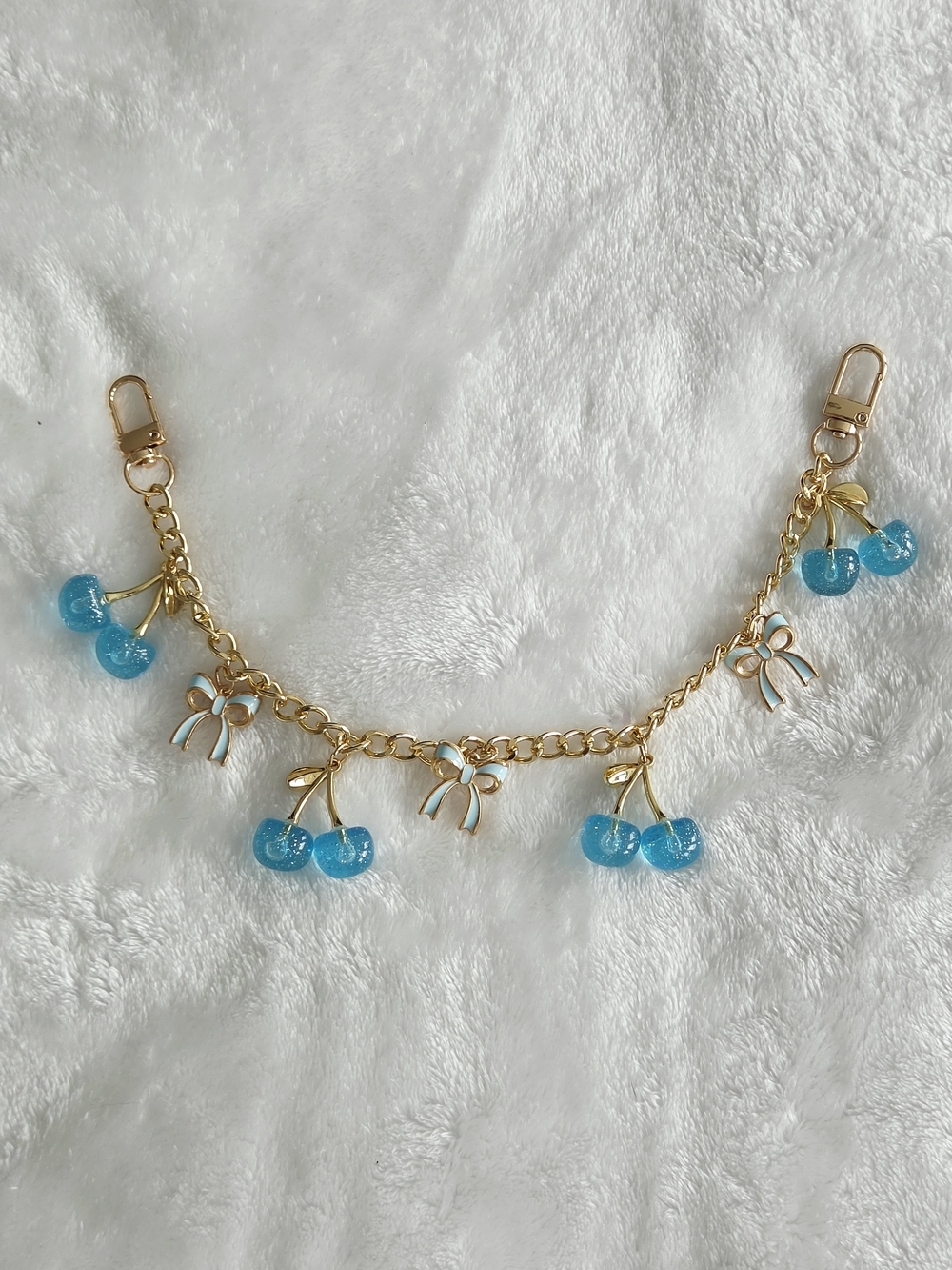 Blue Bow And Cherry Bag Chain with Blue Shimmer Cherries
